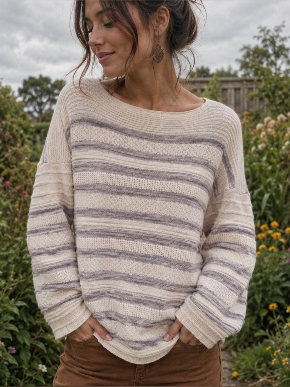 Rain + Rose Boatneck Sweater, Cream and Light Gray, Size Large